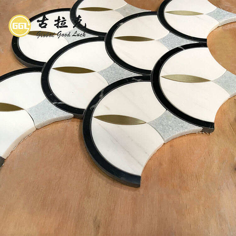 Fan Shape Pattern Marble Waterjet Mosaic Tile Inlay Brass For Wall Floor Decor