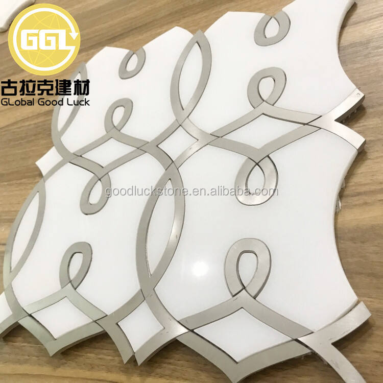 Unique Shape Marble Mix  Stainless Steel Waterjet Mosaic Tile