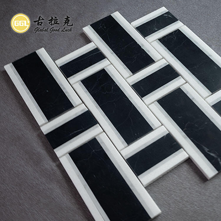 Basketweave Shape Black White Mosaic Interior Tile Home Decor Marble