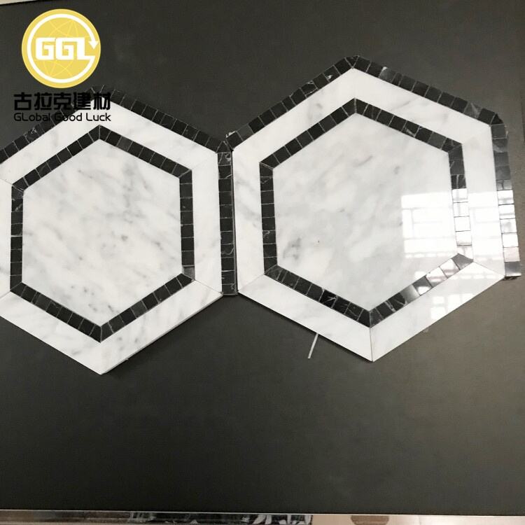 Carrara White Mix Black Nero Marquina Marble Big Hexagon Shape Marble Mosaic Tile For Kitchen/Living Room Floor and Wall Decor