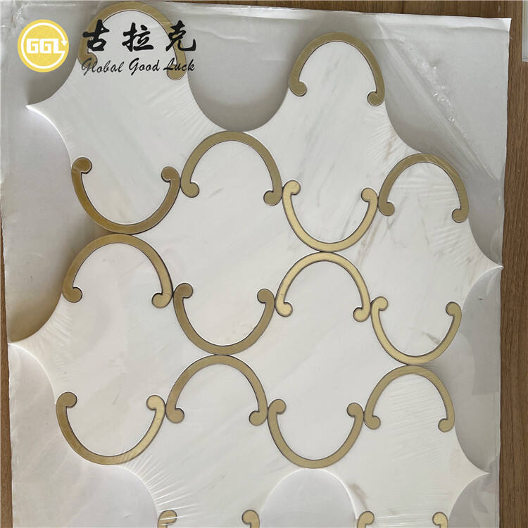 Dolomite White Marble Inlay Brass Waterjet Mosaic Tile