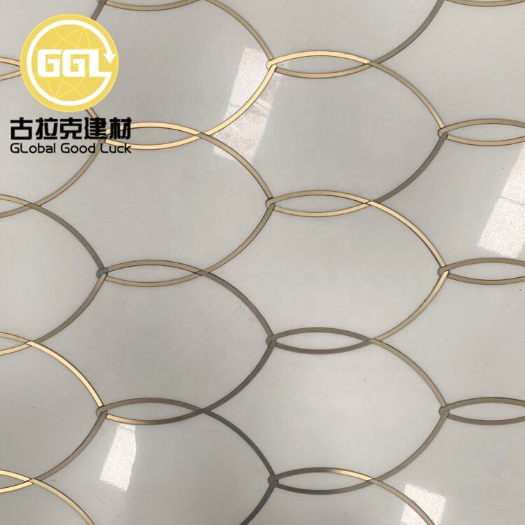 Thassos White Brass Edging Marble Irregular Waterjet Mosaic Tile Wall Flooring