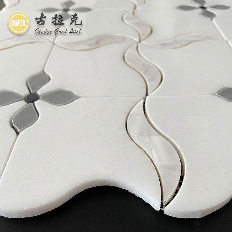 White Marble Shape Waterjet Parquet Feature Mosaic Tile Inlay Shell For Interior Decoration