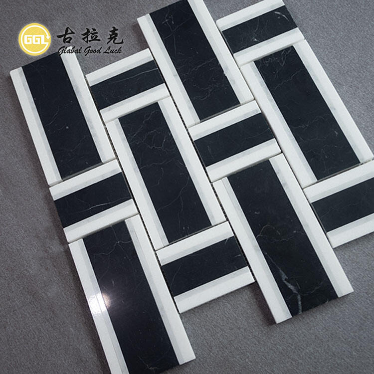 Basketweave Shape Black White Mosaic Interior Tile Home Decor Marble