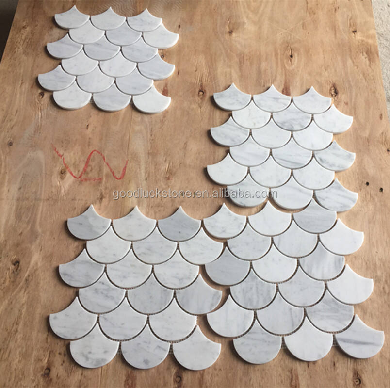  Polished Fan-Shaped Carrara White Marble Mosaic Tile 