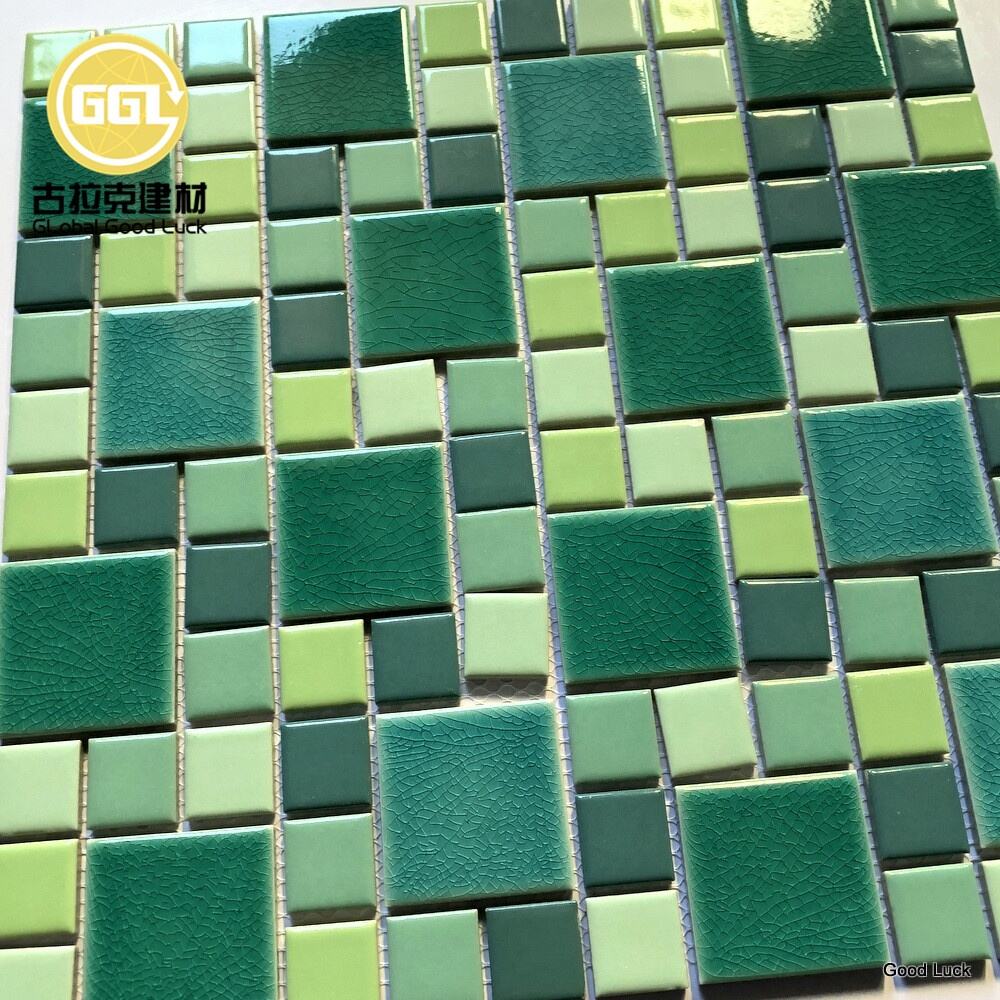 Square Green Glazed Ice Crack Mosaic Ceramic Tiles for Wall Decoration