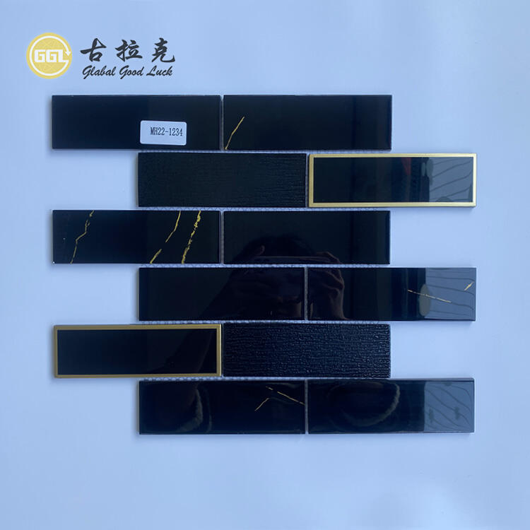 Black Glass Mosaic Tile Gold Edged Tile for Exterior Interior Villa Hotel Decor