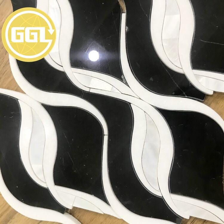 Cost-effective Leaf Shape Mosaic Tile Black Marble Mix Shell Waterjet Mosaic Tile