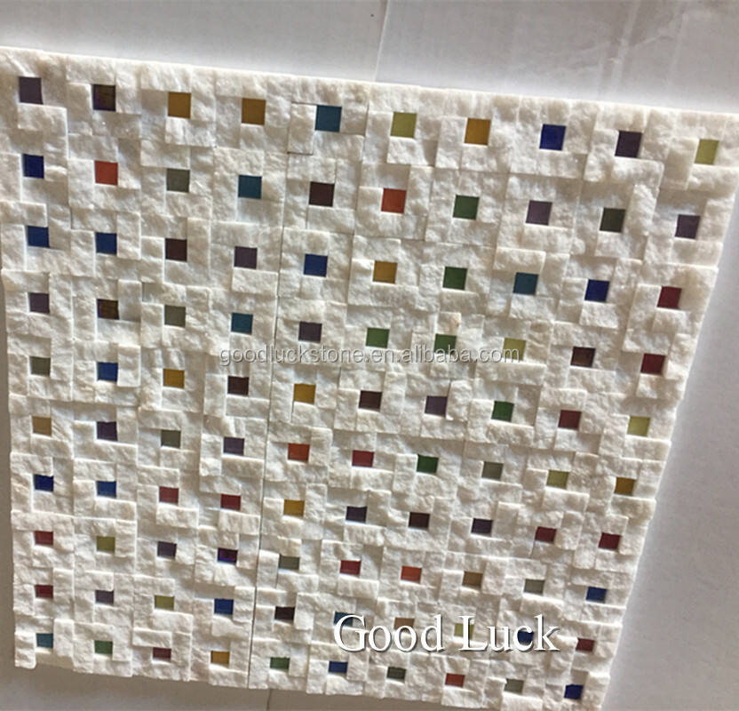 Natural Marble White With Colorful Dots Basket Weave Marble Mosaic Tiles