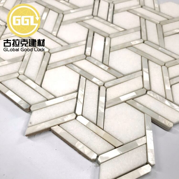 Thassos White Marble Inlay Shell Waterjet Mosaic Tile 