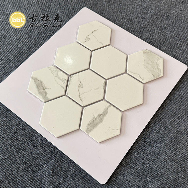 White Marble Texture Hexagon Ceramic Mosaic Tiles 