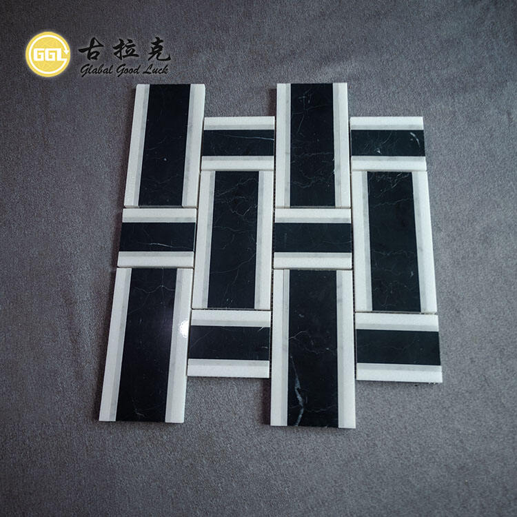 Basketweave Shape Black White Mosaic Interior Tile Home Decor Marble