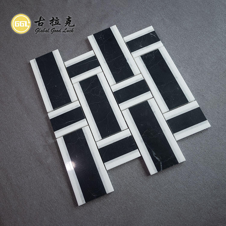 Basketweave Shape Black White Mosaic Interior Tile Home Decor Marble