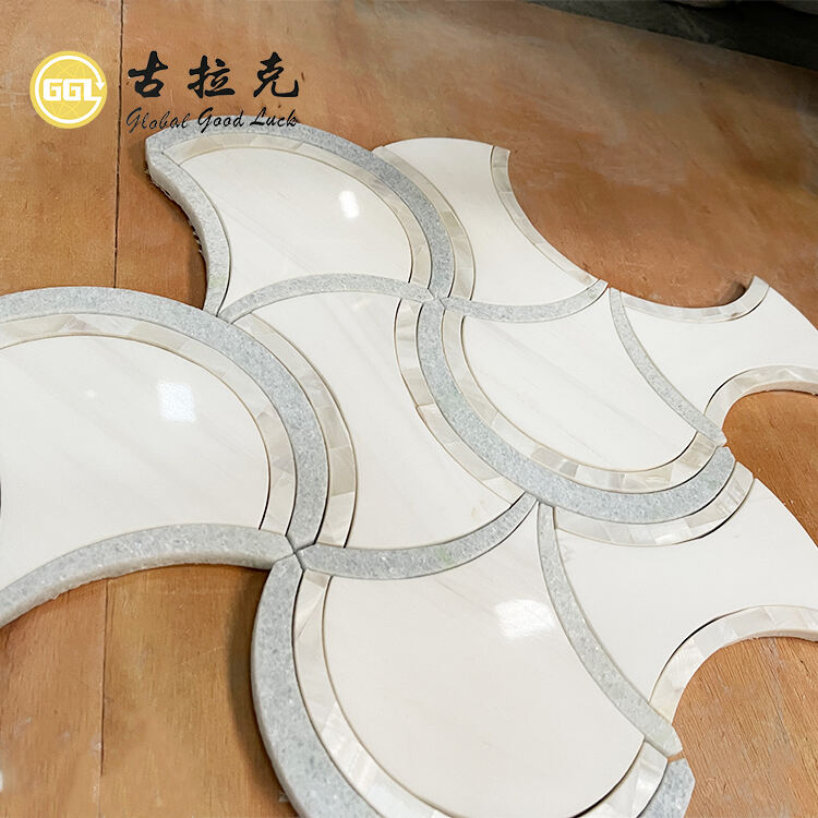 Home Decor White Fan Shape Water Jet Marble Mix Shell Mosaic Tile Interior Wall Backsplash Mosaic