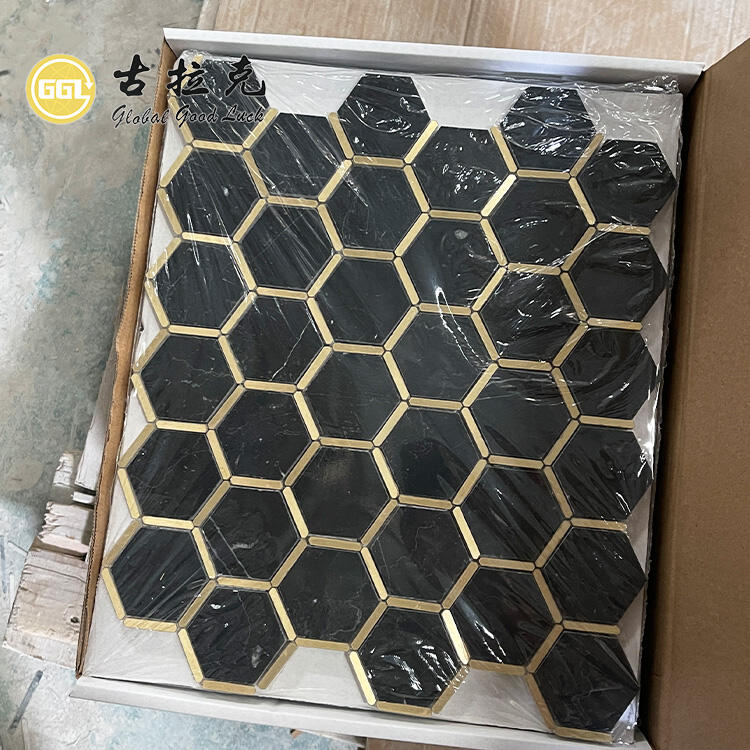 Nero Marquina Marble Mix Brass Mosaic Tile Water Jet Hexagon Black Wall Tile