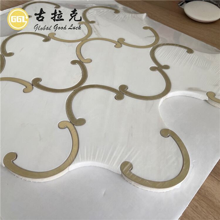 Dolomite White Marble Inlay Brass Waterjet Mosaic Tile