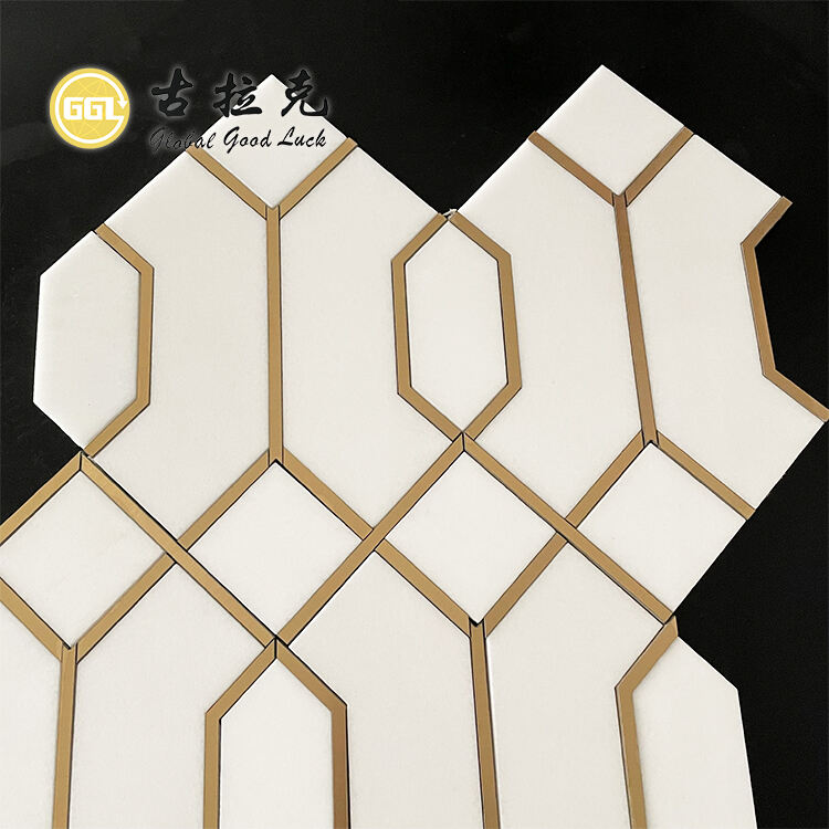 New Design Thassos White Marble with Brass Edge Stone Mosaic Tiles for Bathroom Decor