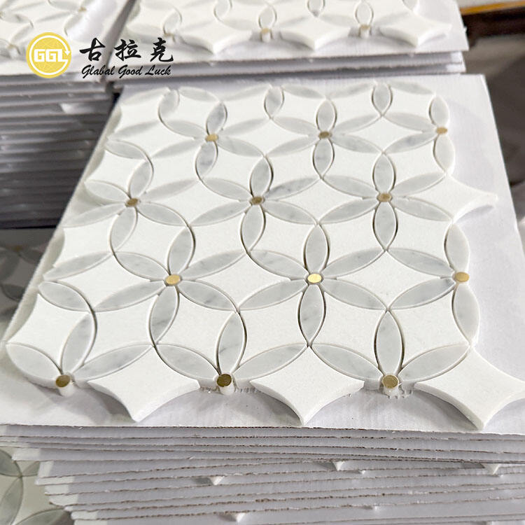 Marble Inlay With Dot Brass Waterjet Mosaic for Kitchen Wall Backsplash Tile