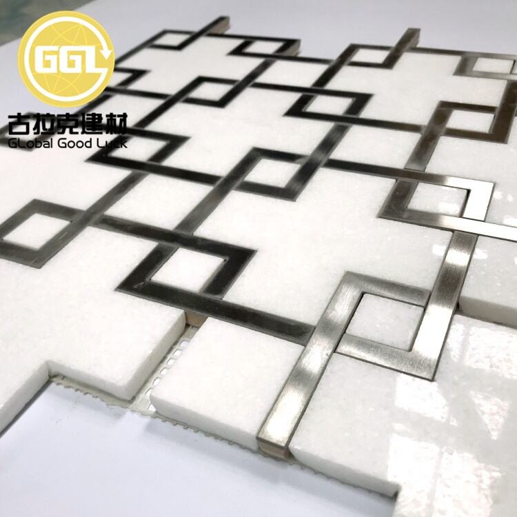 Polished White Marble Mix Stainless Steel Waterjet Mosaic Tile