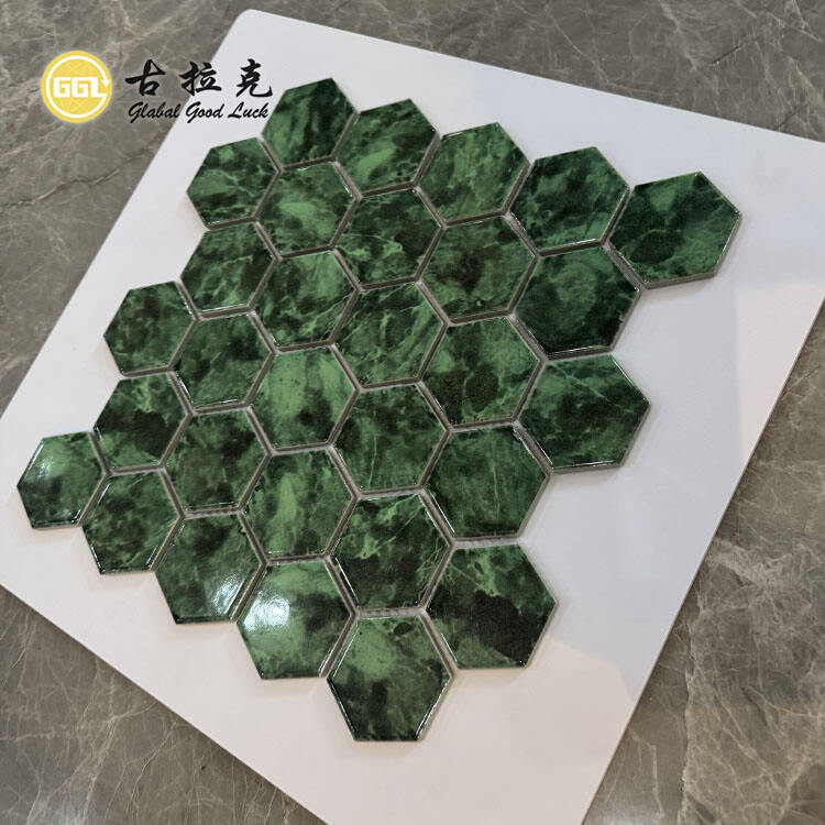 Hexagon Shape Ceramic Mosaic Tiles Dark Green Tile