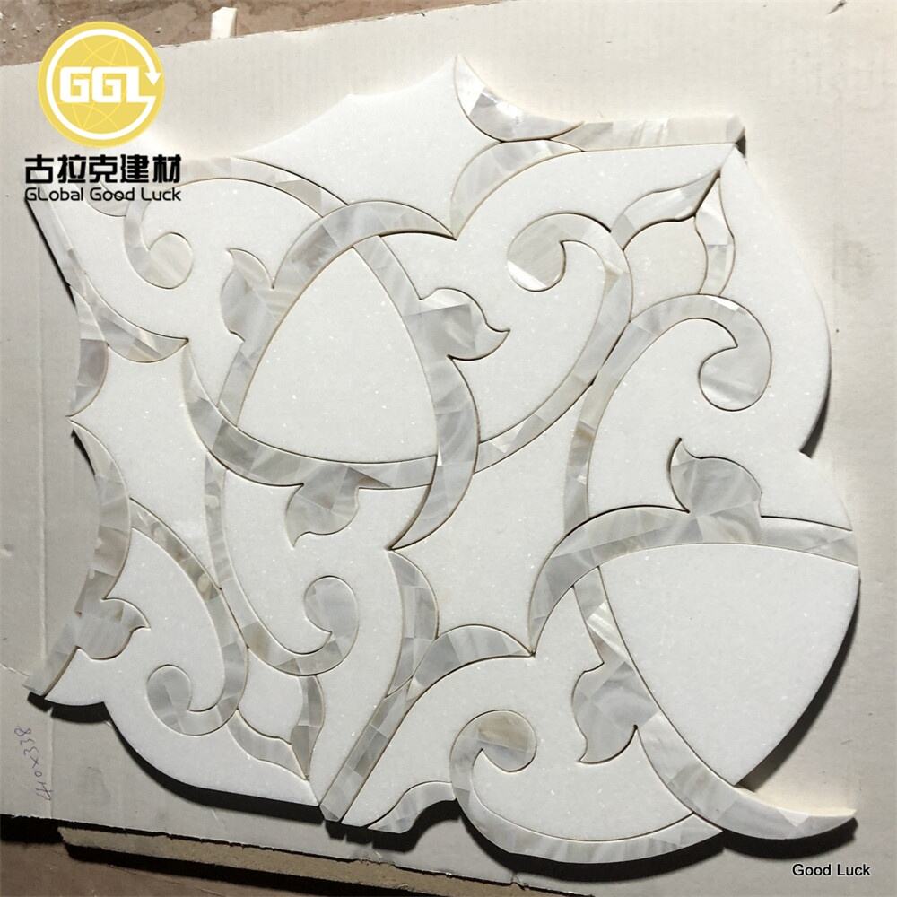 Unique Shape Pure White Marble Mix Mother of Pearl Waterjet Marble Mosaic