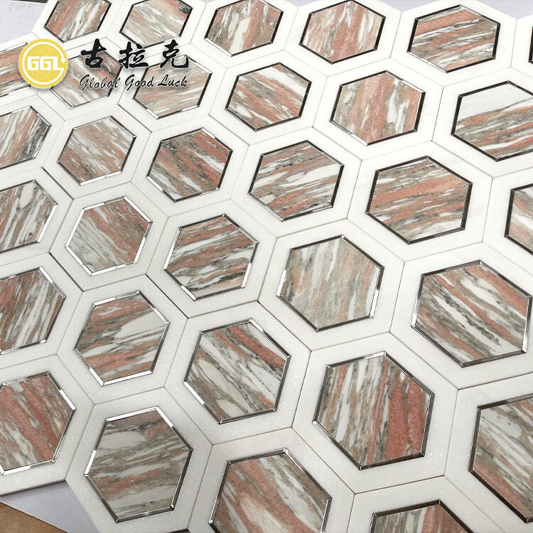 Rosso Norvegina Marble Mix Metal Hexagon Mosaic Tile Waterjet Cut for Floor Decor