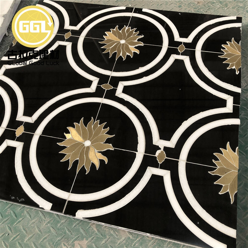 Black Marble Mosaic Tile Gold Sunflower Pattern Brass Inlay Mosaics for Wall Floor Tile