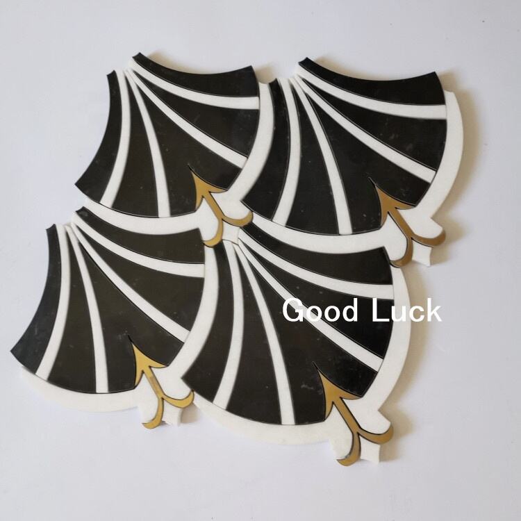 White Mix Black Fan Shape Marble Waterjet Mosaic Inlay Brass Design