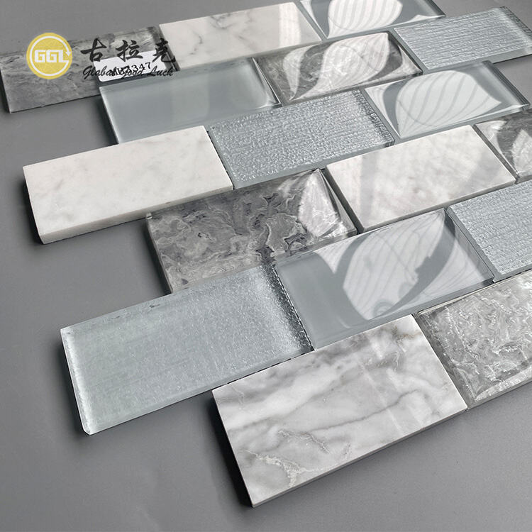 Long Strip Shape Glass Mixed Mable Backsplash Wall Decoration Tiles ...
