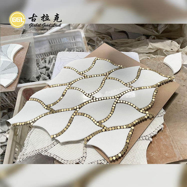 Thassos White Marble Mix Round Brass Pattern Waterjet Mosaic Tile