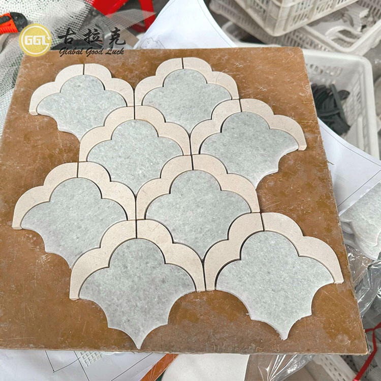 Fan Shape Marble Parquet Feature Waterjet Mosaic Tile Wall Decoration