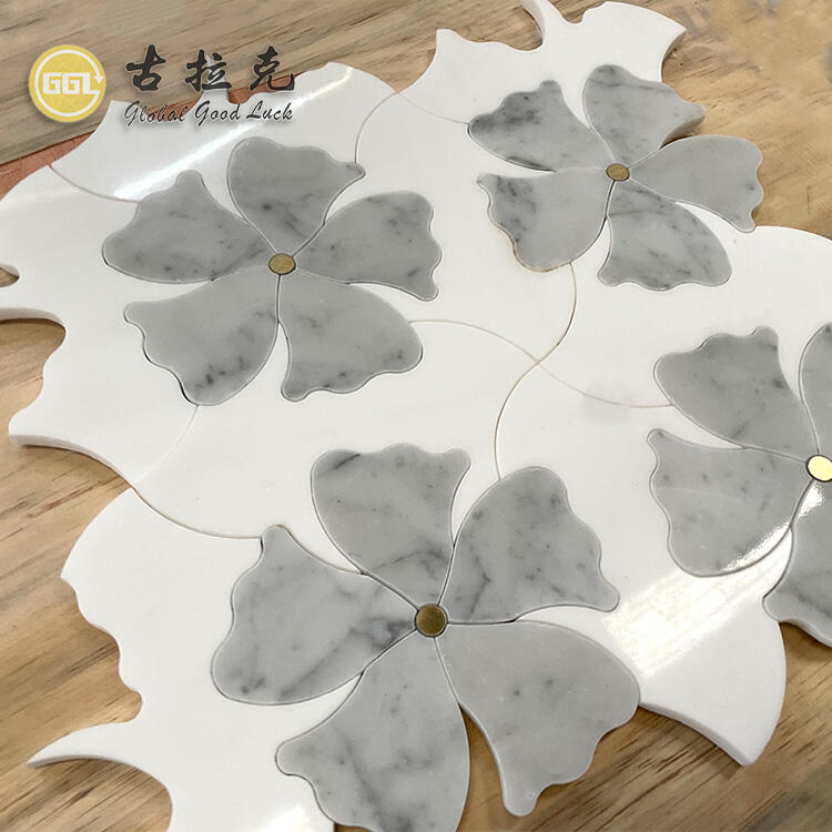 Flower Shape Parquet Feature Marble Mix Brass Dots Waterjet Mosaic Tile