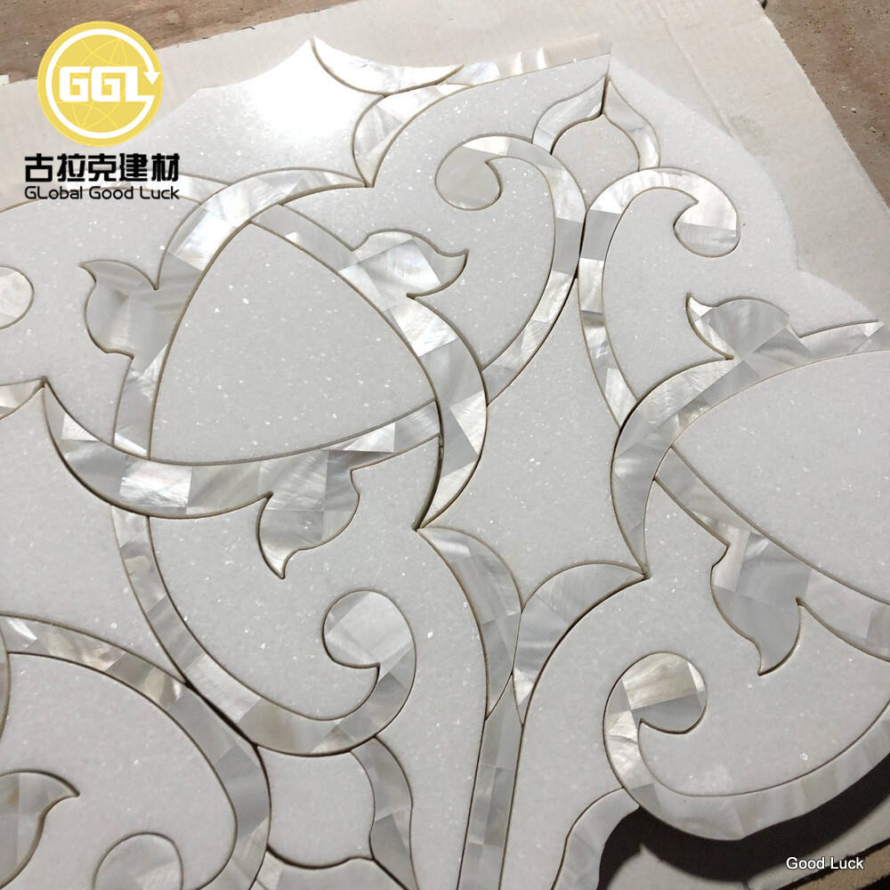 Unique Shape Pure White Marble Mix Mother of Pearl Waterjet Marble Mosaic