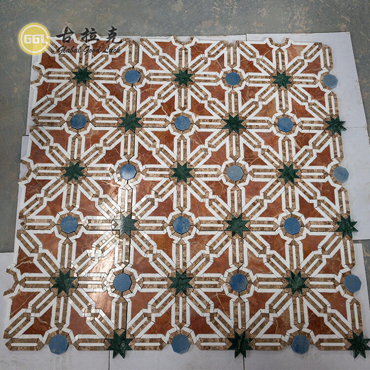 Cutting Star Red and Blue Green Stone Mosaic Tile Wall Floor Water Jet Tile