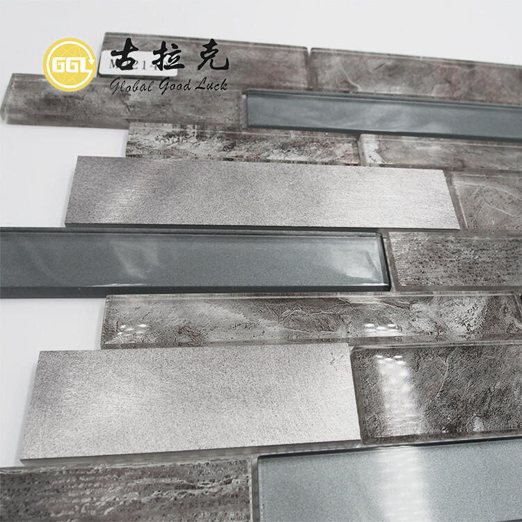 Long Strip Shape Glass Mixed Metal Backsplash Wall Decoration Tiles Glass Mosaic