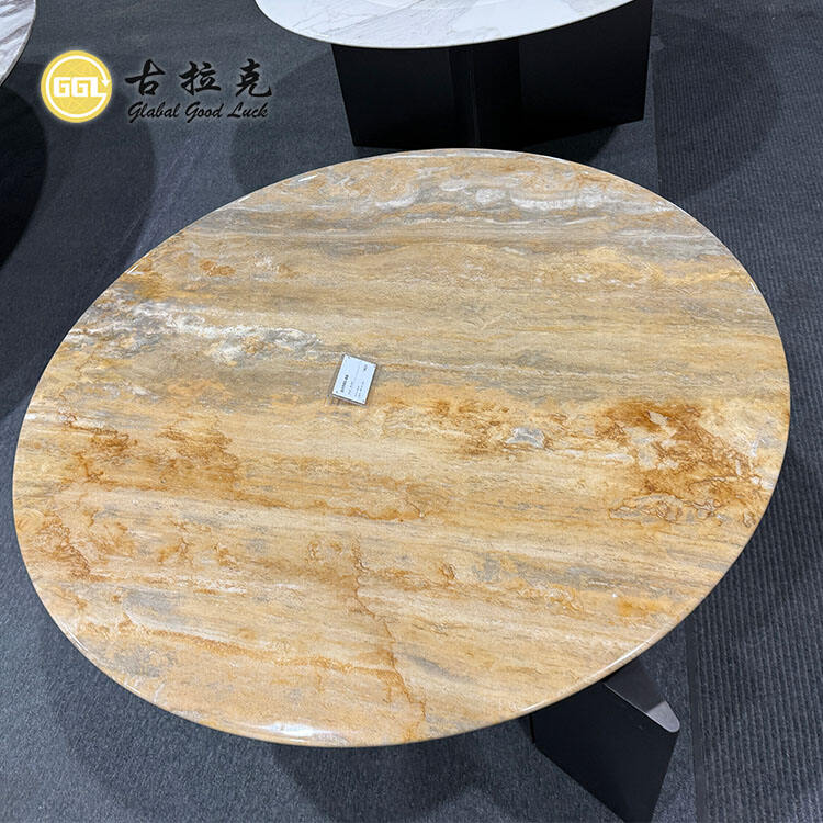 Italy Travertine Golden Table Set Round Marble Luxury Design Coffe Table
