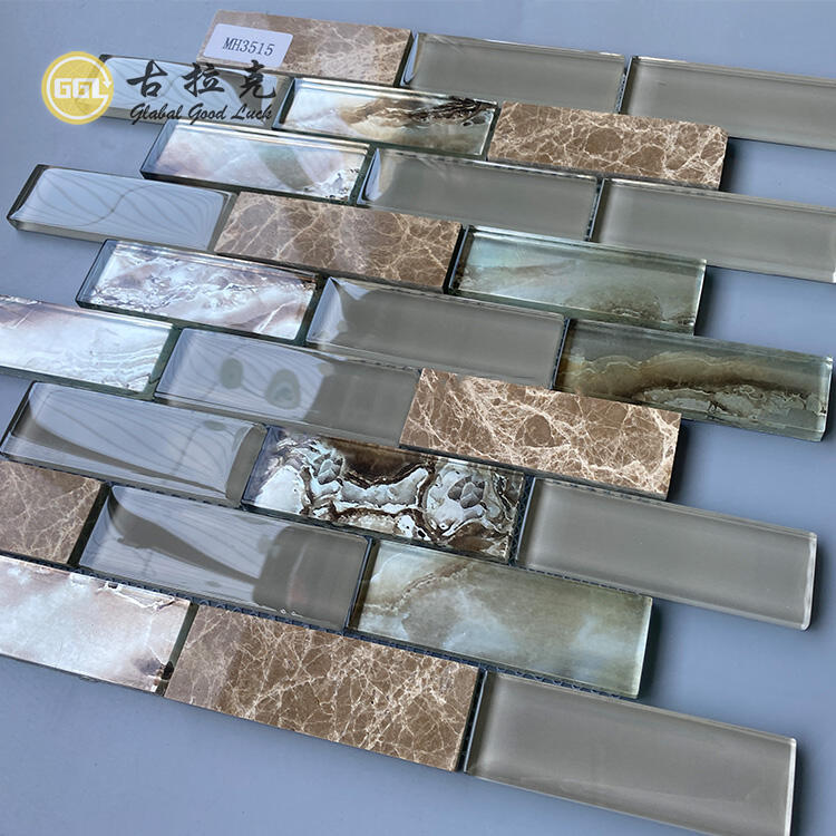 Natural Marble Mix Glass Crystal Strip Shape Glass Mosaic Kitchen Wall Tile