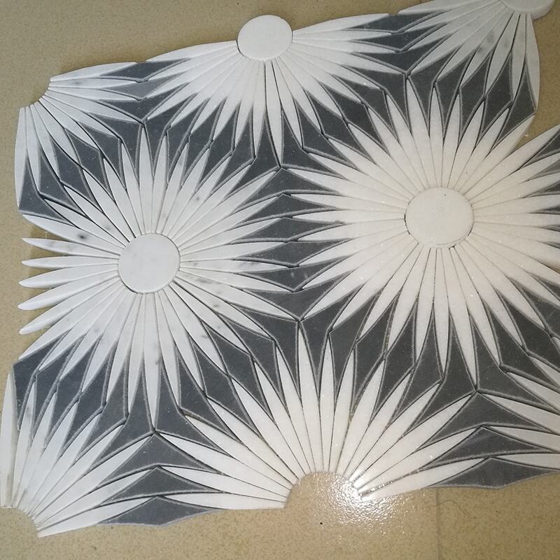 Sun Flower Shape Marble Pattern Waterjet Mosaic Backsplash Tiles