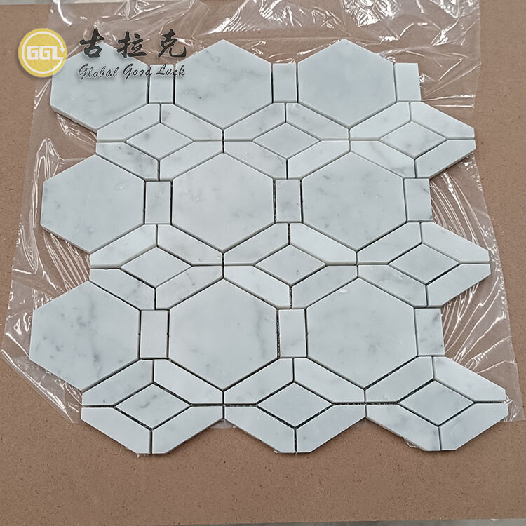 Combined Shapes Cararra White Tile Octagon Mix Square Shape Marble Mosaic Tile For Home And Hotel Wall Floor Decor