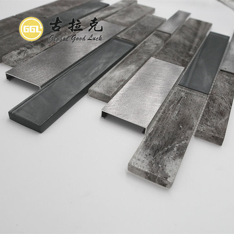 Long Strip Shape Glass Mixed Metal Backsplash Wall Decoration Tiles Glass Mosaic