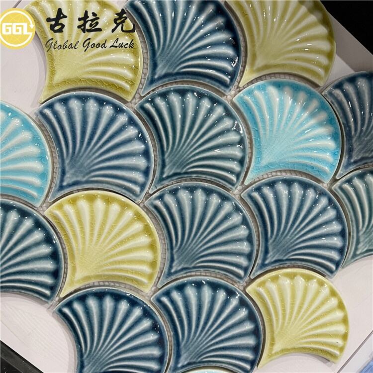 Fan Shape Ceramic Mosaic Tile Shell Design Blue Yellow Mosaic Tile