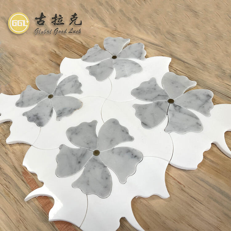 Flower Shape Parquet Feature Marble Mix Brass Dots Waterjet Mosaic Tile