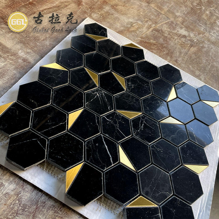 Hot Nero Marquina Marble Mix Brass Mosaic Tile for Villa Home Wall Floor Decor