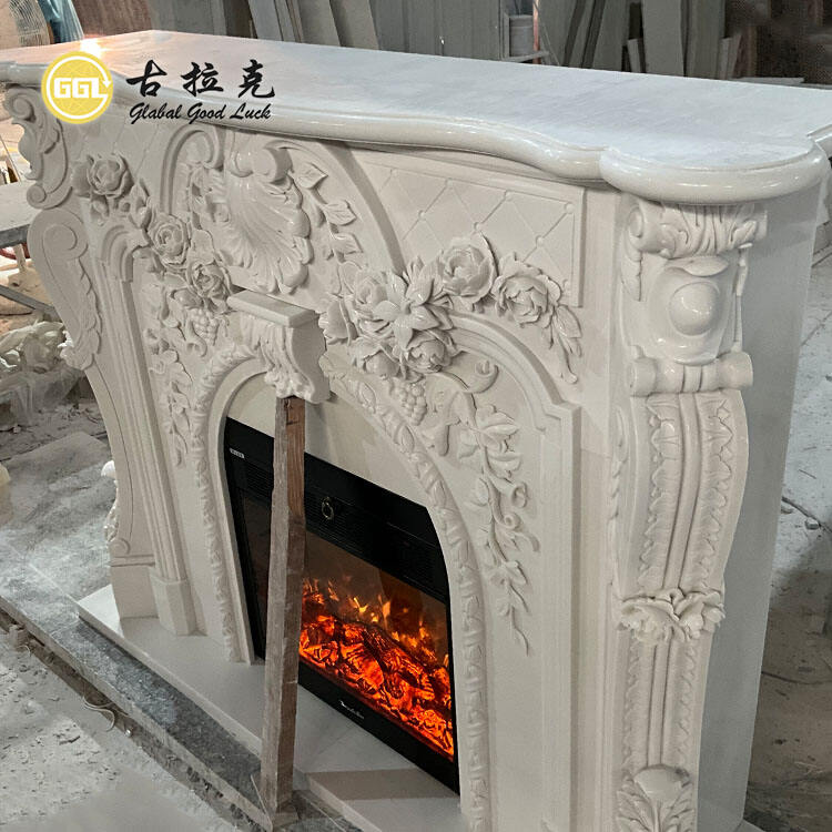 French Style Freestanding Ethanol Fireplace Mantles Popular Design Hand Carved Natural White Marble