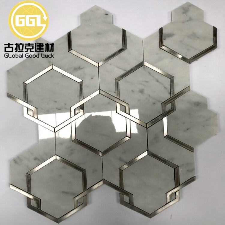 Hexagon Shape White Marble Waterjet Mosaic Tile Mix Stainless Steel Mosaic Tile