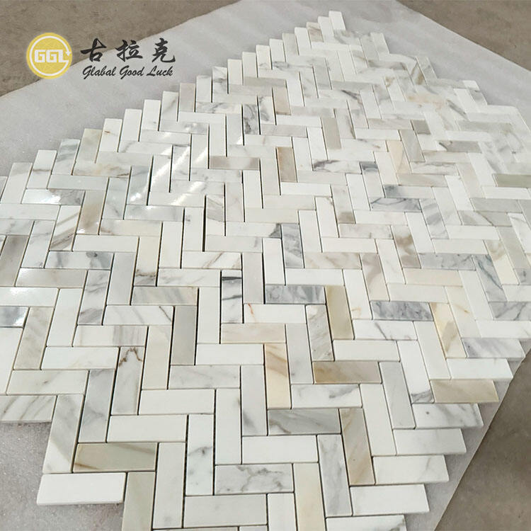 High Quality Herringbone Stone Calacatta Gold Marble Mosaic Tile