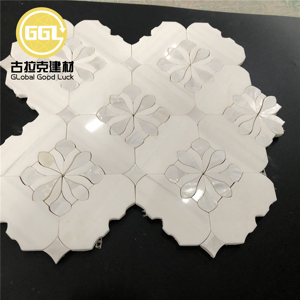 Flower Shape Mother of Pearl Mixed Dolomite White Marble Waterjet Mosaic Tile