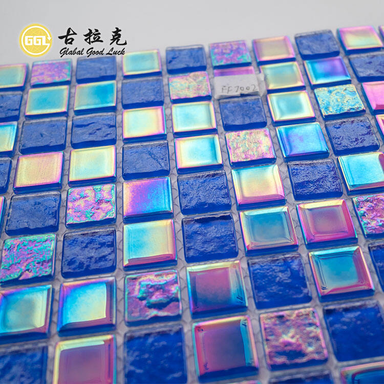 Ocean Blue Glass Mosaic Tile Iridescent Rainbow Tile for Swimming Pool Decor