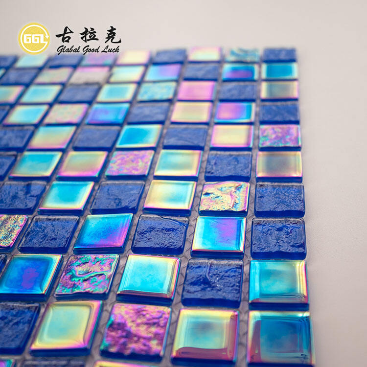 Ocean Blue Glass Mosaic Tile Iridescent Rainbow Tile for Swimming Pool Decor