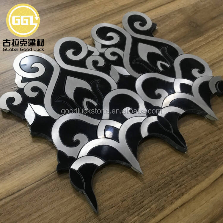 Black Marble Mix Stainless Steel Waterjet Mosaic Elegant Design Tile for Interior Decoration